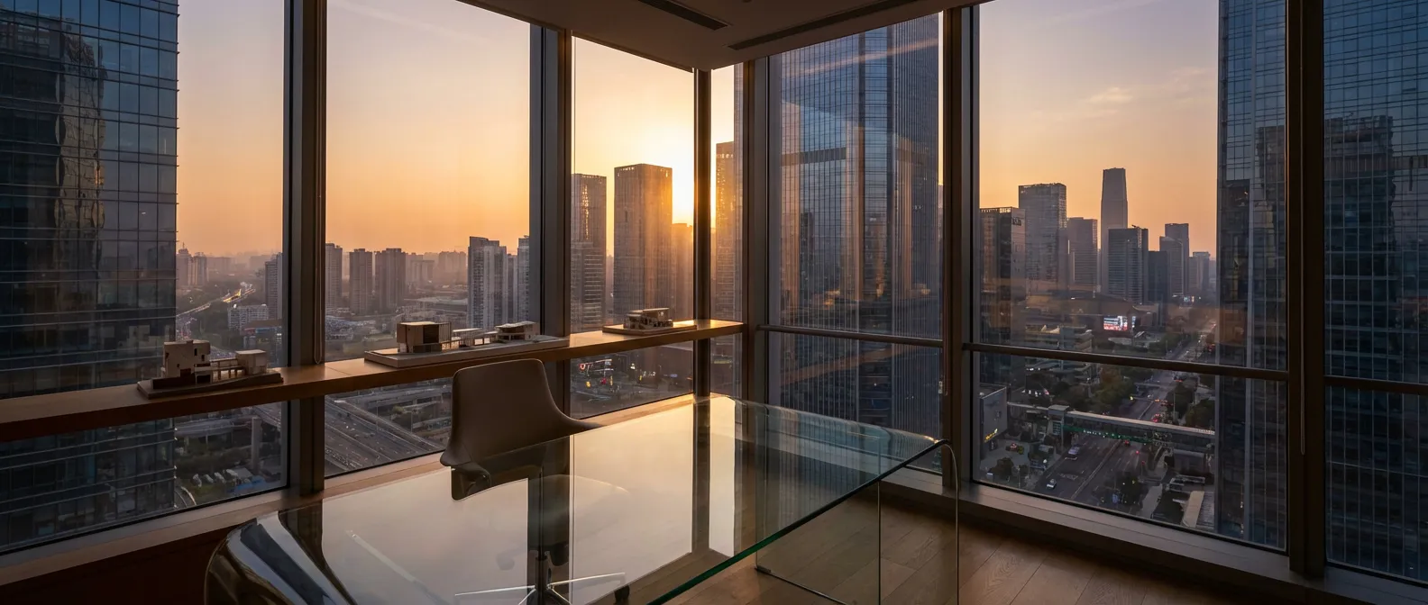 Bureau de luxe moderne avec vue sur la ville au lever du soleil, symbolisant la sérénité financière