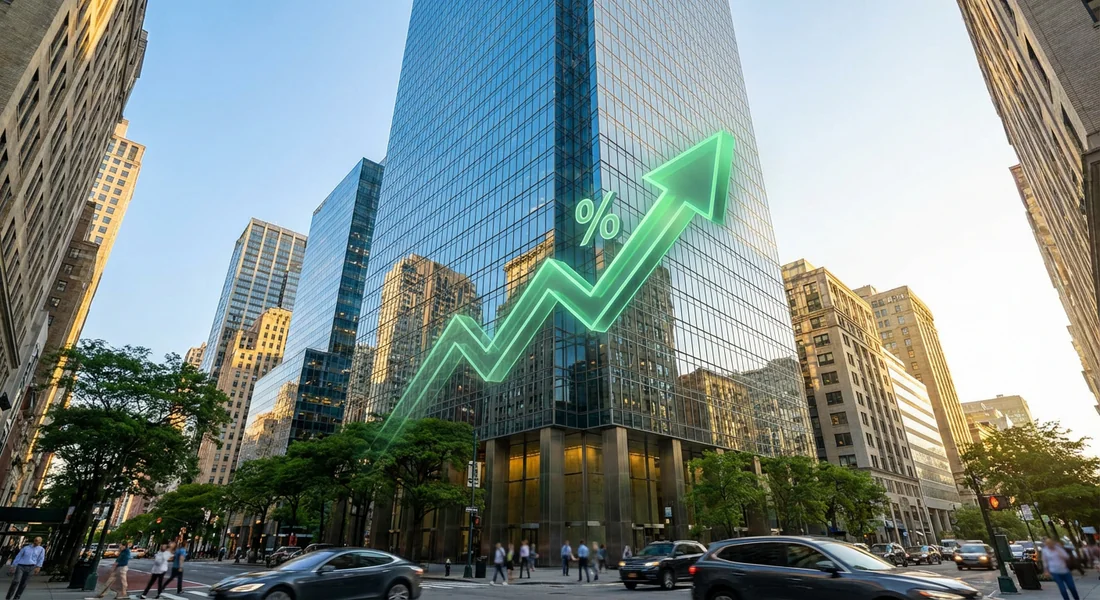 Architecture moderne et croissance financière Spirica Bâtiment moderne en verre avec une courbe de croissance verte symbolisant la performance de Spirica.