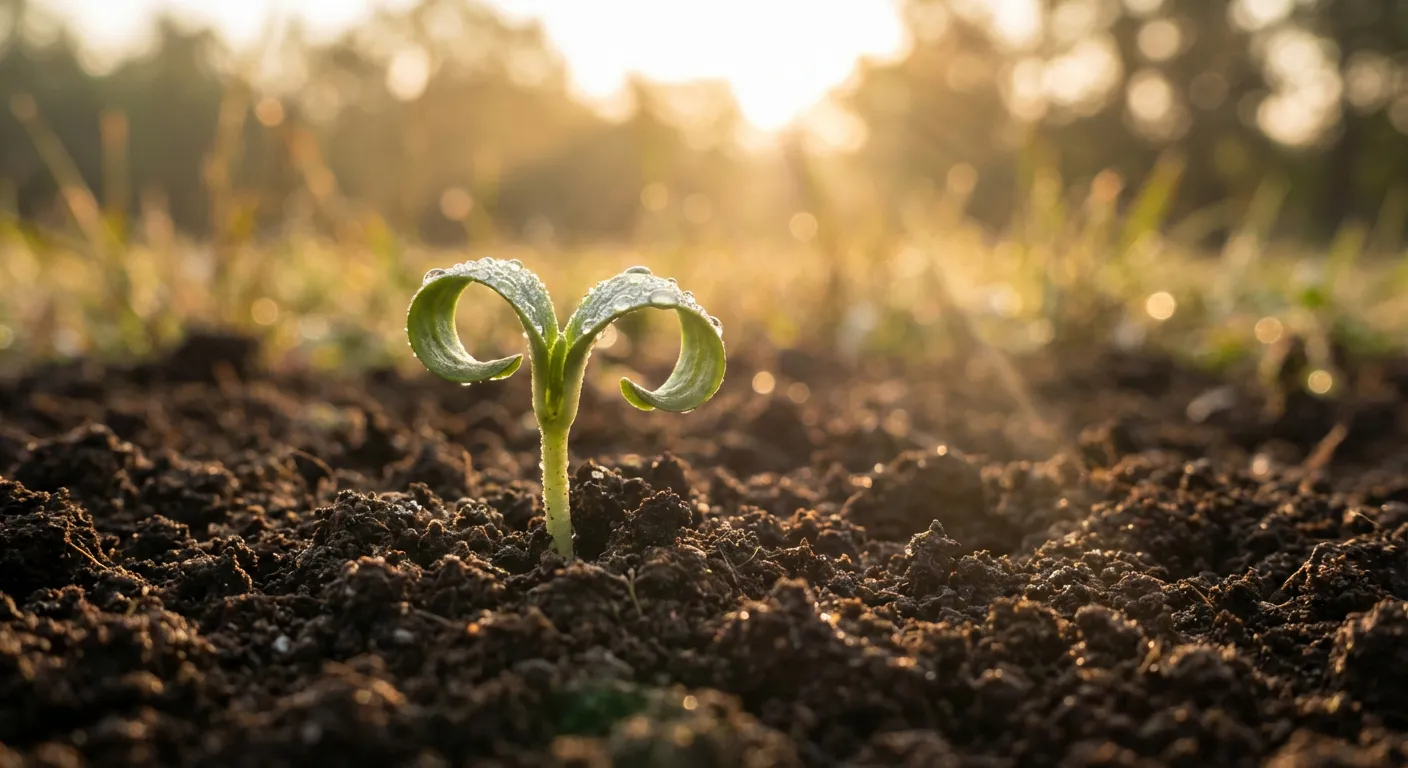 Gros plan détaillé d'une jeune pousse dans la terre sous une lumière matinale, illustrant la croissance des fonds de Fortuneo Vie.