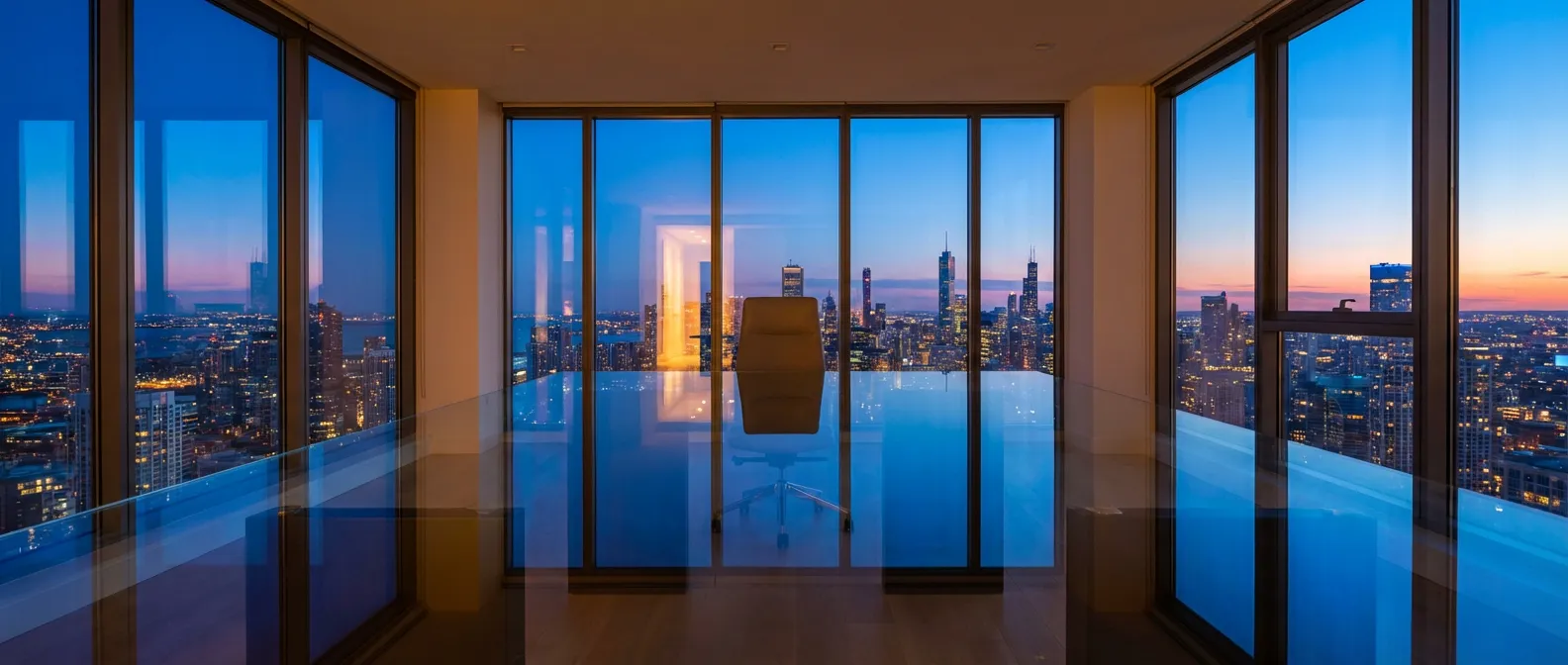 Vue panoramique luxueuse d'un bureau de finance moderne surplombant une ville illuminée, symbolisant la performance de l'assurance vie Fortuneo.