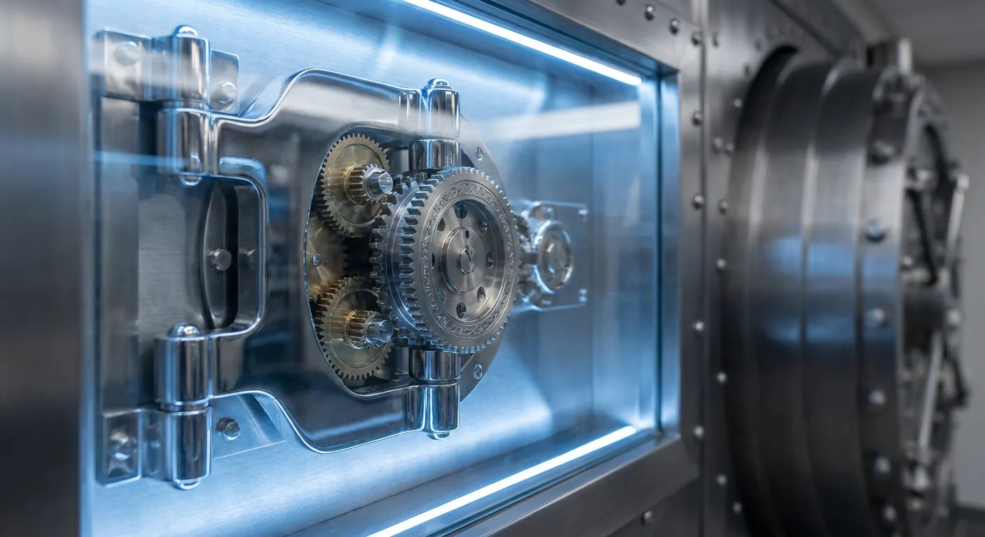 Mécanisme de sécurité d'un coffre-fort moderne représentant la stabilité des comptes à terme.