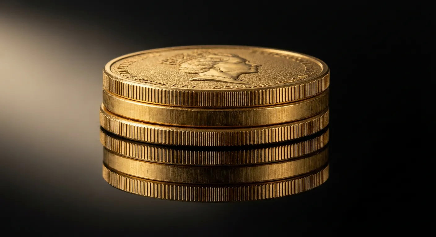 Trois pièces d'or minimalistes sur fond noir symbolisant la rentabilité immédiate.