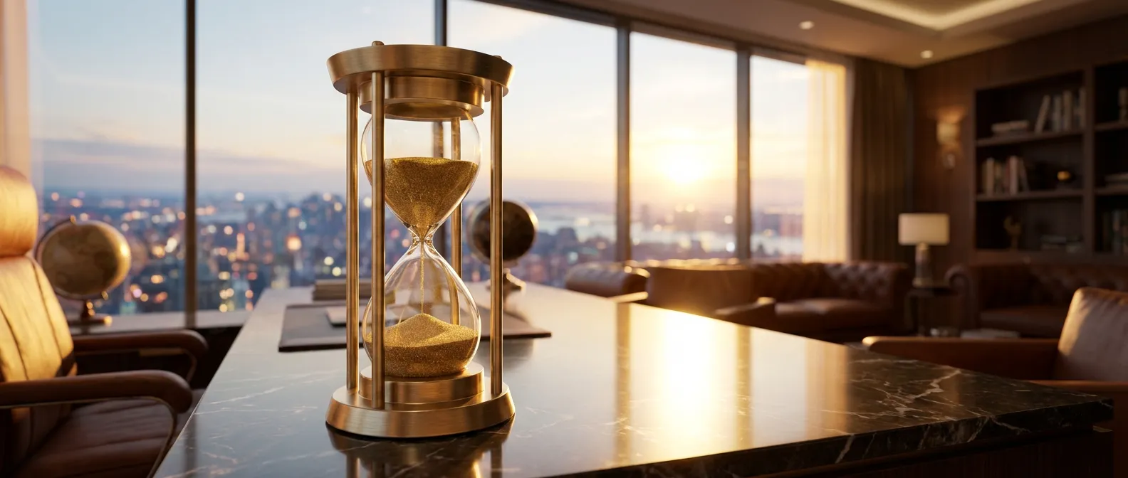 Un sablier luxueux en or posé sur un bureau en marbre illustrant la notion de placement à court terme.
