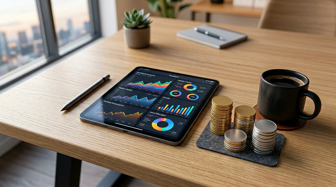 Stratégies d'investissement pour 30 000 euros en 2026 Bureau professionnel avec tablette affichant des graphiques financiers et piles de pièces pour un placement de 30 000 euros.