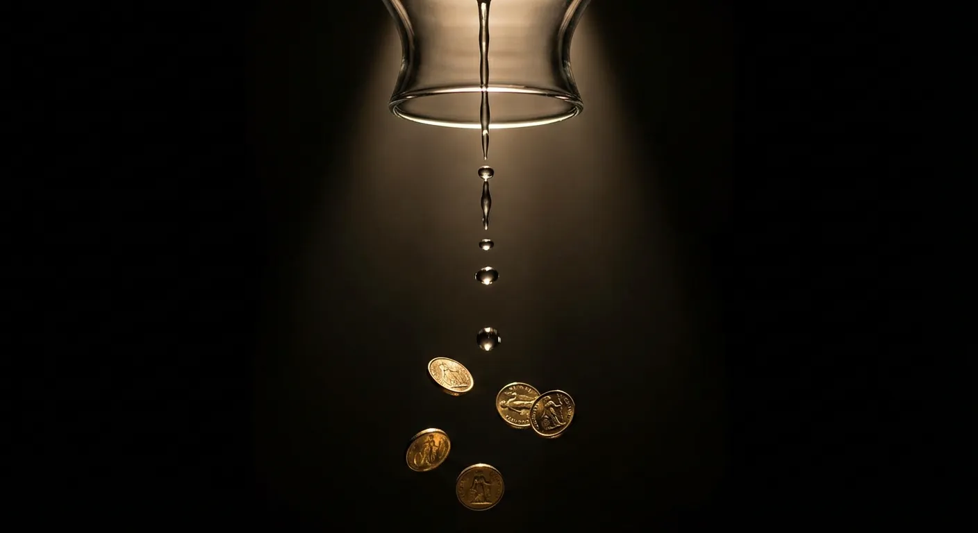 Gros plan sur une fontaine de pièces d'or, illustrant le flux de revenus d'une rente.