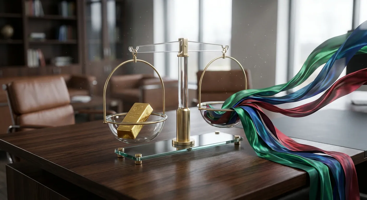 Une balance luxueuse comparant un lingot d'or et un flux continu, illustrant l'arbitrage entre capital et rente.