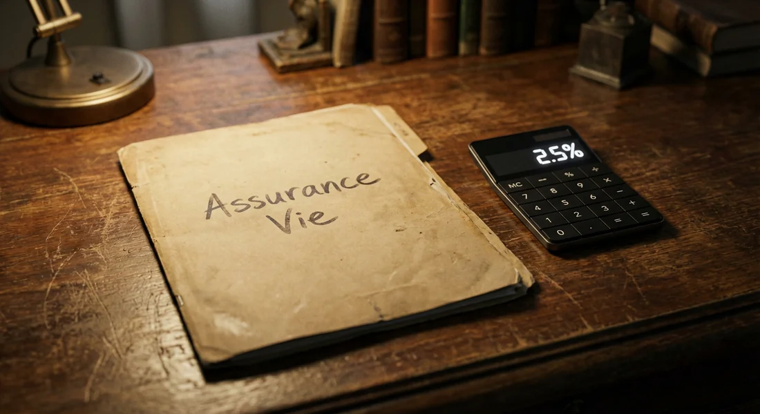 Analyse de l'assurance vie Vivaccio de la Banque Postale Dossier d'assurance vie jauni sur un bureau en bois ancien avec une calculatrice