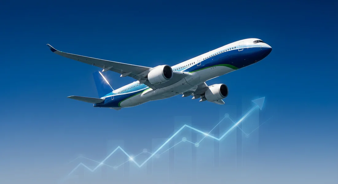 Analyse de la croissance de l'action Airbus Avion Airbus A350 en plein vol avec un graphique boursier haussier symbolisant la croissance de l'action.