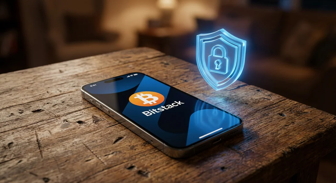 Audit de sécurité Bitstack 2026 - Fiabilité et protection Smartphone affichant l'application Bitstack sur une table en bois avec un bouclier de sécurité pour l'audit.