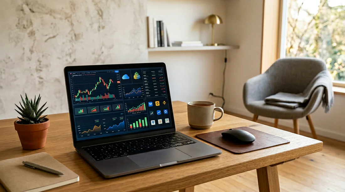 Utilisation d'une application de copy trading sur smartphone avec graphiques boursiers en arrière-plan.