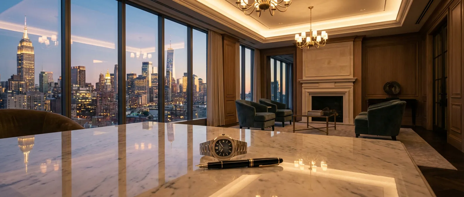 Bureau de banque privée luxueux surplombant une métropole pour un crédit lombard