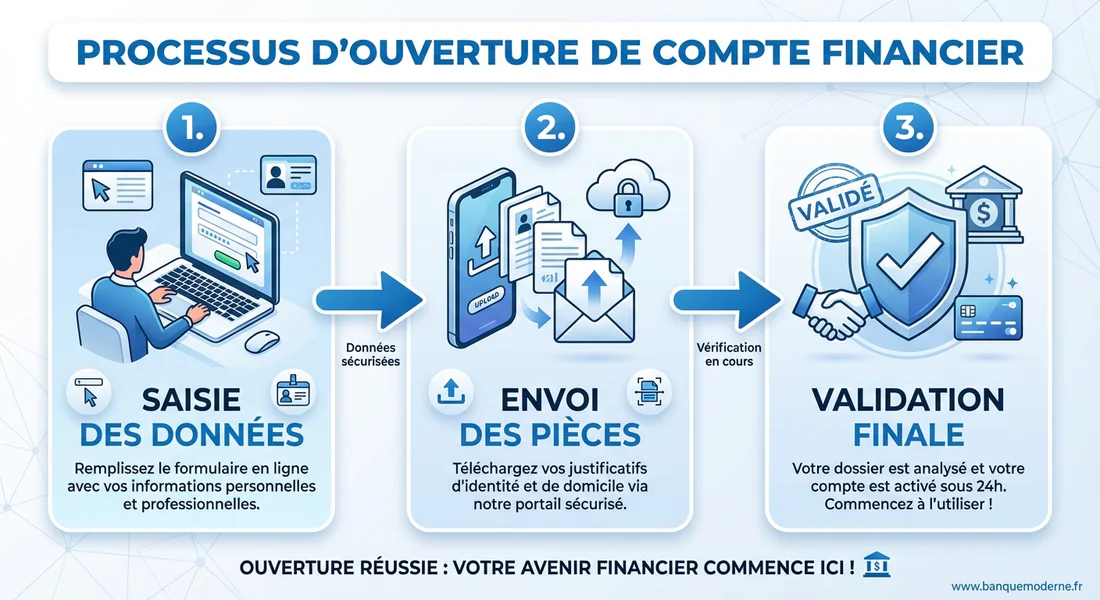 Étapes du processus d'ouverture PEA Infographie des étapes d'ouverture d'un PEA chez Fortuneo