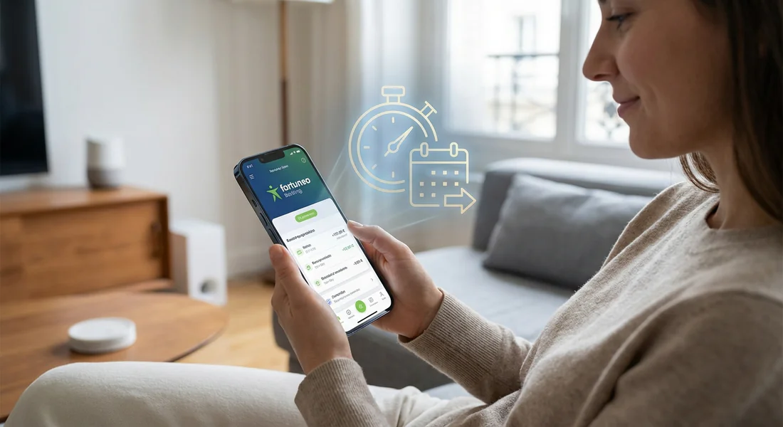 Ouverture rapide d'un PEA Fortuneo Personne sereine utilisant l'application Fortuneo pour ouvrir un PEA rapidement