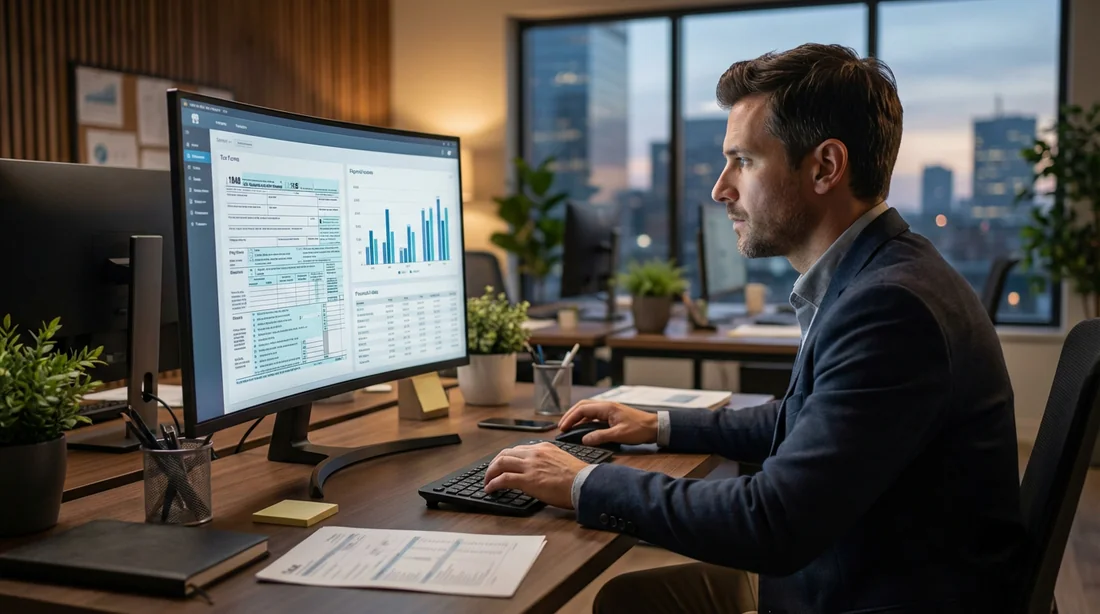 Un professionnel remplissant le formulaire IFU 2561 sur un ordinateur dans un bureau moderne