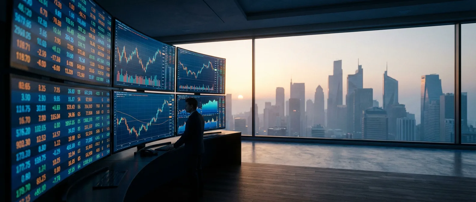 Bureau de trading intraday moderne avec vue sur la ville au lever du soleil, style professionnel et cinématographique