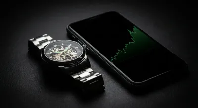 Gros plan minimaliste sur une montre et un graphique boursier pour illustrer le trading au jour le jour