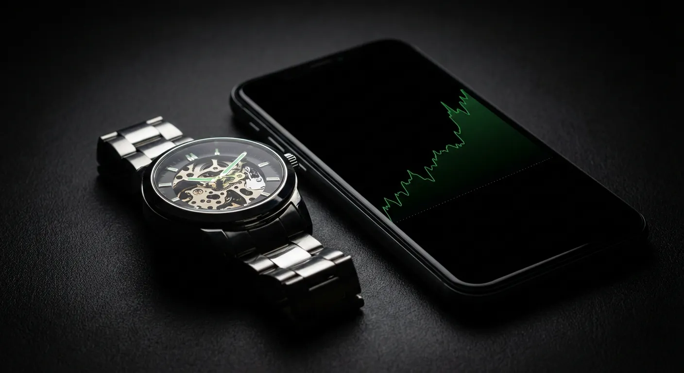 Gros plan minimaliste sur une montre et un graphique boursier pour illustrer le trading au jour le jour