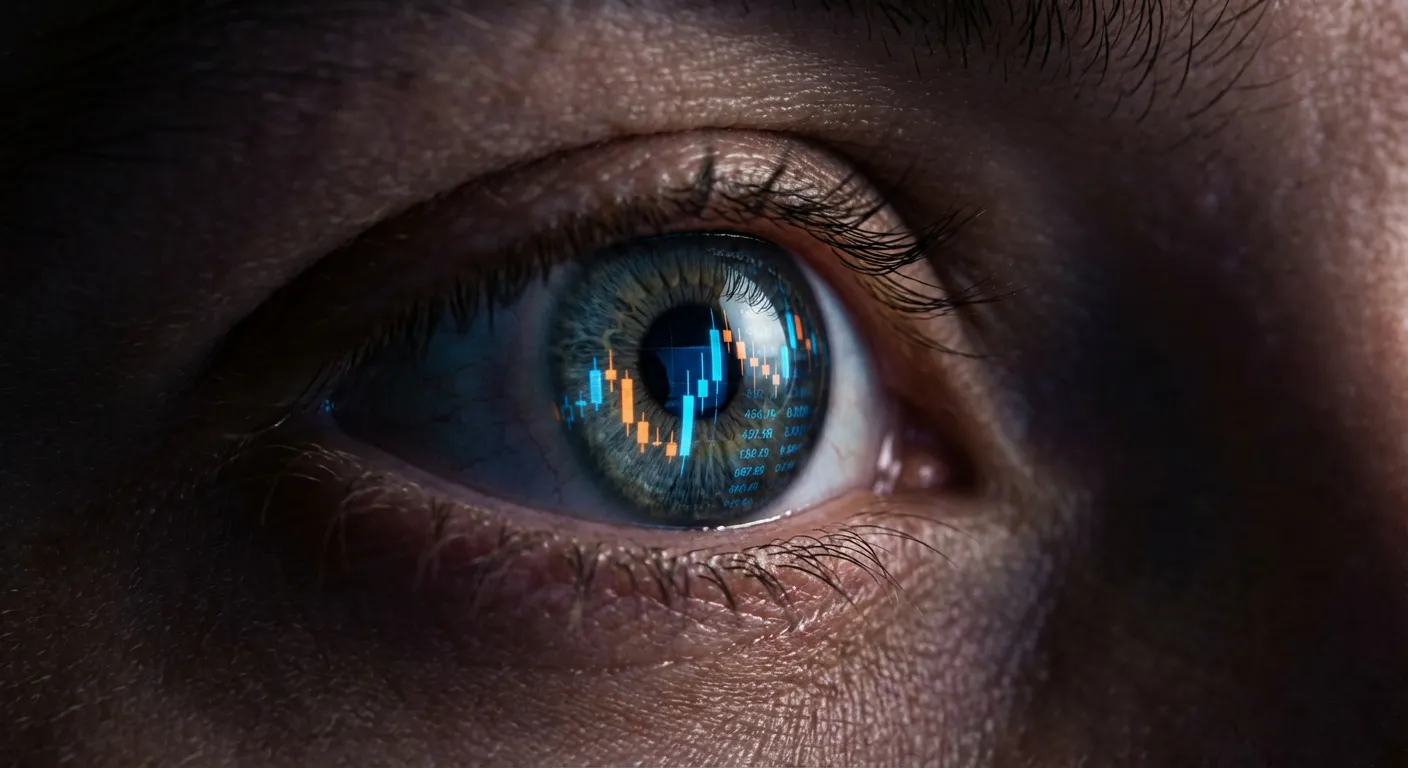 Regard intense d'un trader reflétant des graphiques boursiers, illustrant la psychologie du trading