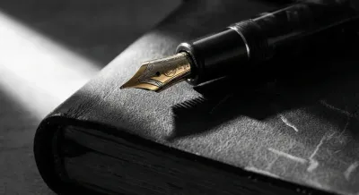 Plume de luxe sur un registre de comptes, symbole de gestion de patrimoine