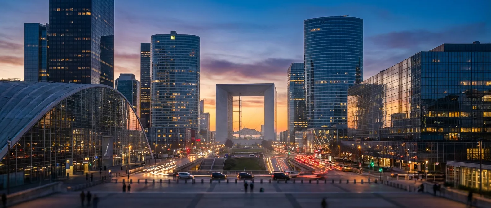 Vue panoramique du quartier de La Défense à Paris illustrant la solidité de la BNP Paribas