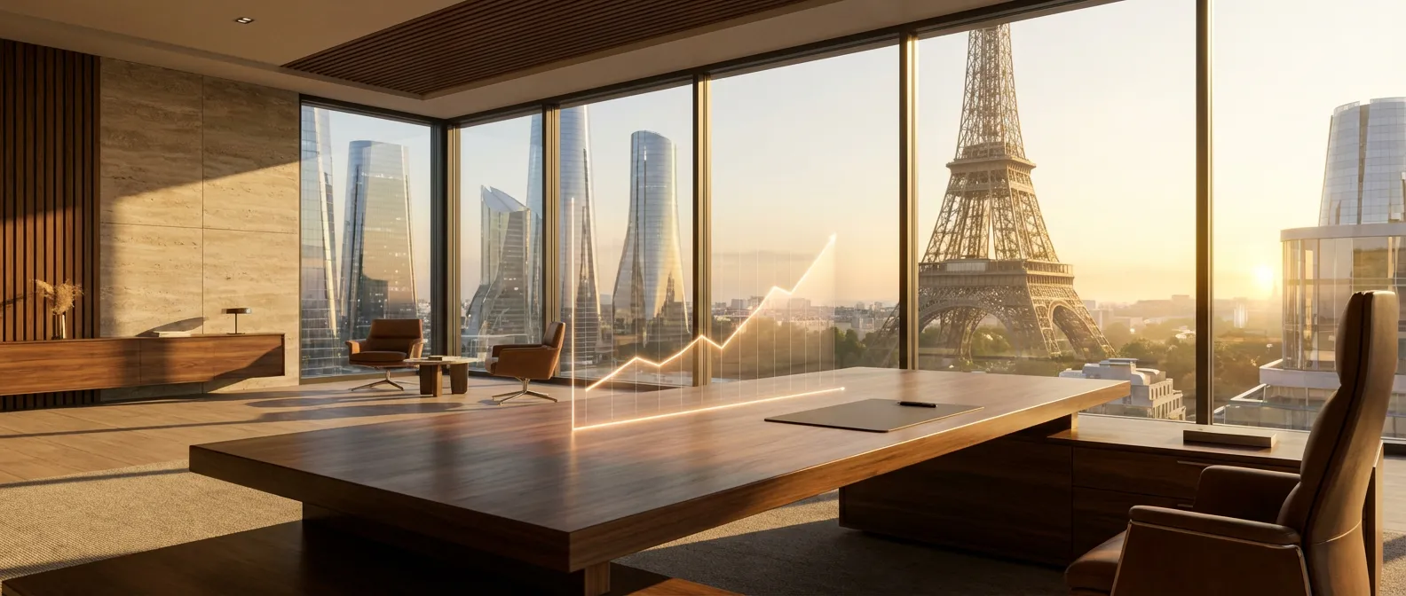 Investissement Bitcoin Long Terme avec Stackinsat Bureau de luxe au lever du soleil symbolisant la croissance d'un plan d'épargne Bitcoin avec Stackinsat.