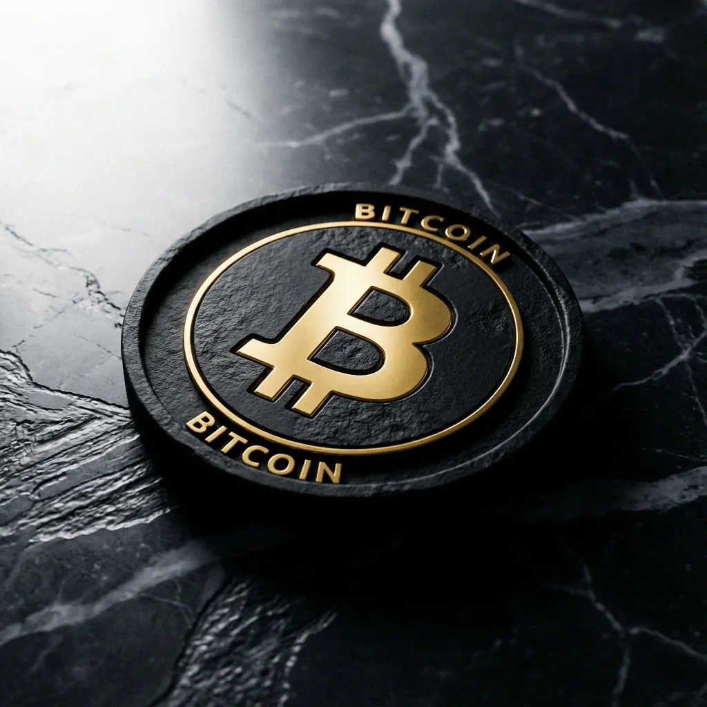 Pièce de Bitcoin minimaliste et luxueuse sur fond de marbre noir.