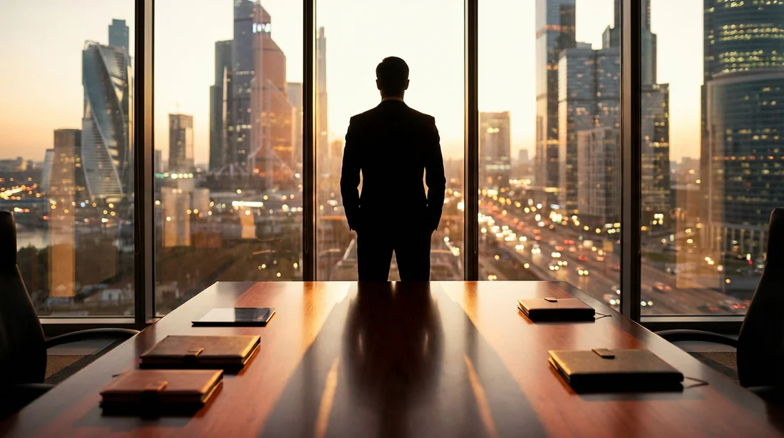Un entrepreneur visionnaire observant une métropole moderne au coucher du soleil depuis son bureau.
