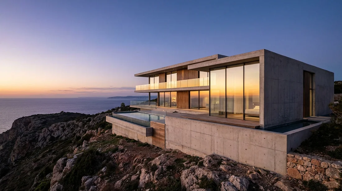Vue panoramique d'une villa moderne luxueuse au coucher du soleil symbolisant la réussite immobilière